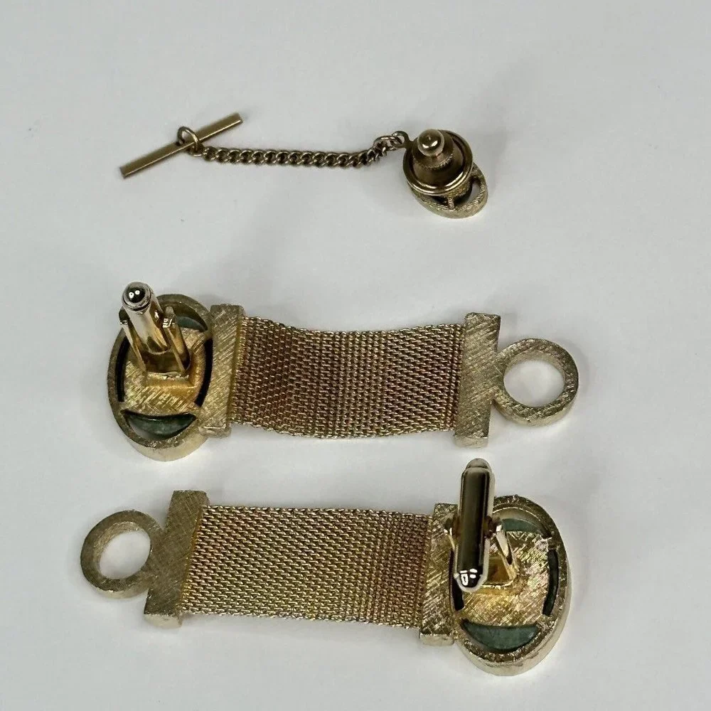 Dante Gold Tone Mesh Cufflinks & Tie Tack Set Green Stone Vintage Mens